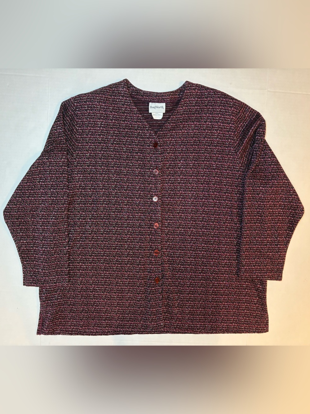 Bon worth Burgandy Button Down Tweed Style Pattern Cardigan Size Petite XL